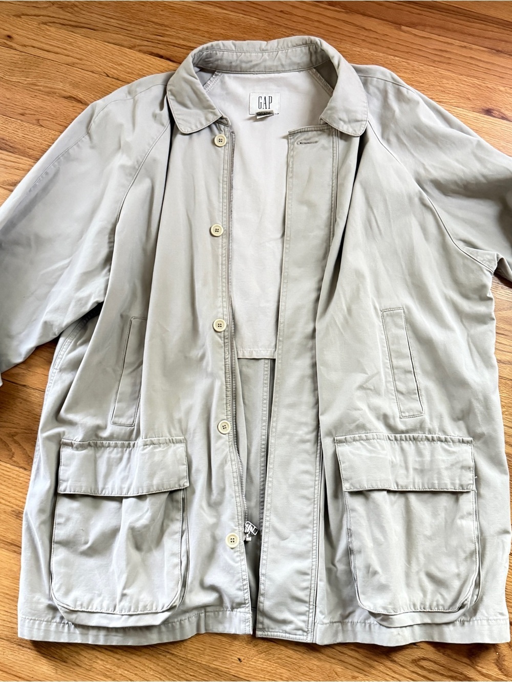 GAP Vintage Y2K Utility Jacket Khaki Cotton Coat Size L Oversized Workwear - Picture 2 of 9